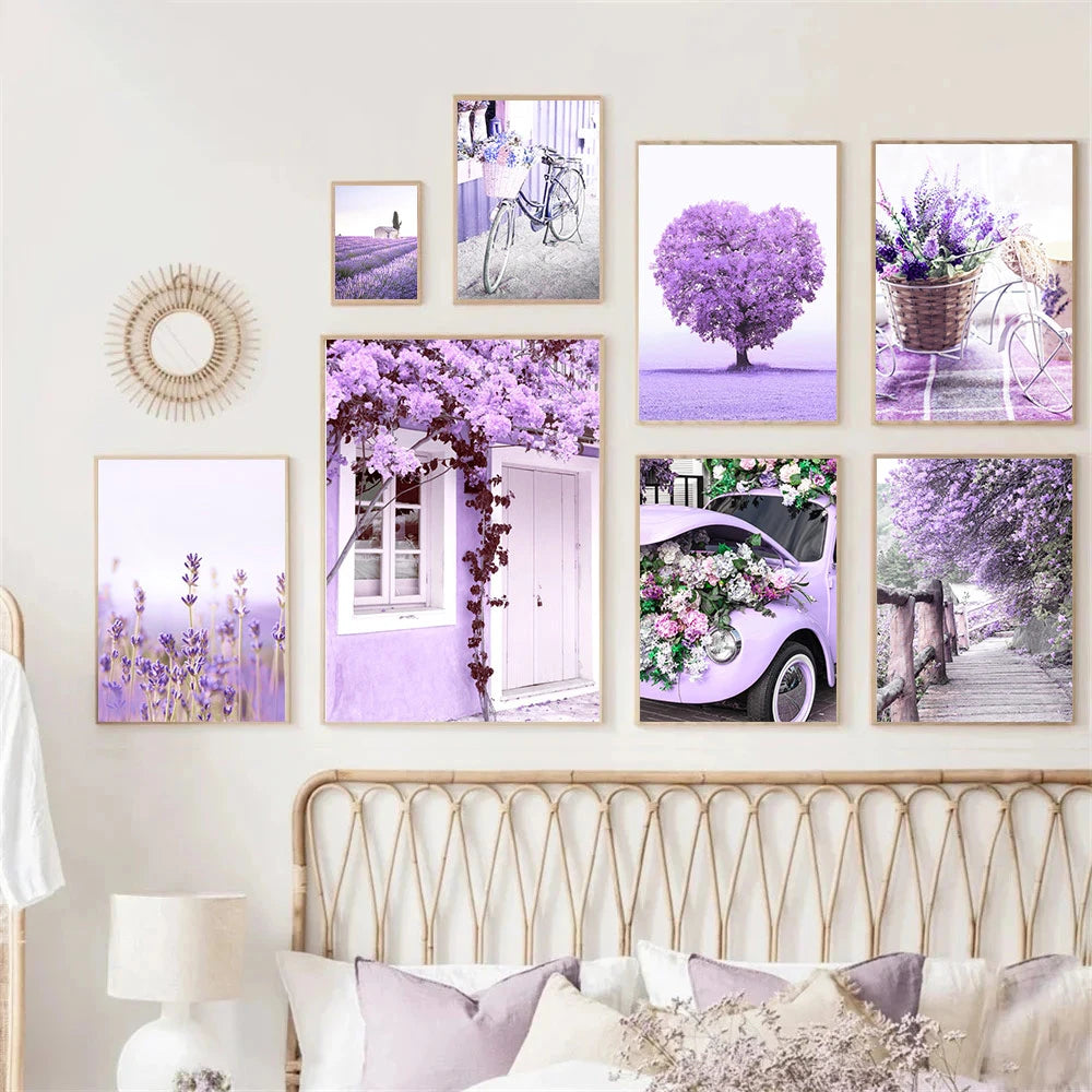 lavender dreamscape canvas with tree blossoms flower girl door bike and car