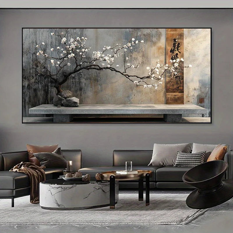 frameless abstract canvas with vintage stone terrace and flowering branch