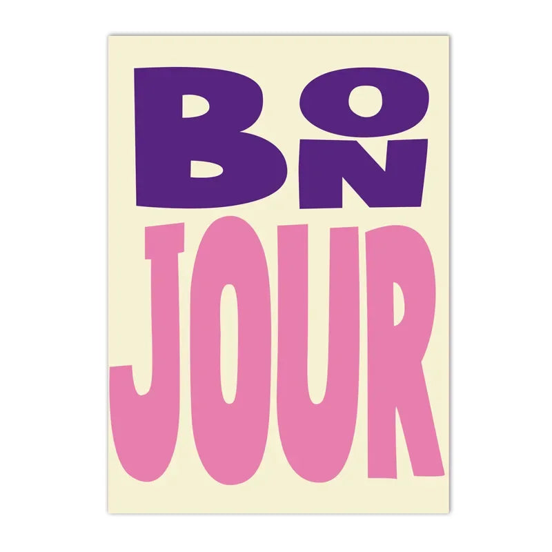 colorful “bonjour” French greeting quote canvas wall art