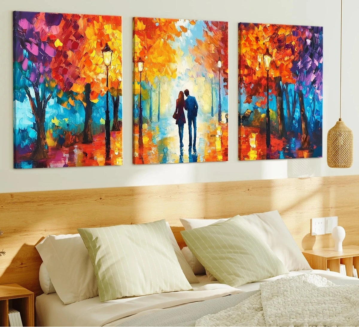 Abstract Romantic Lovers Cityscape Autumn Canvas - Set Of 3