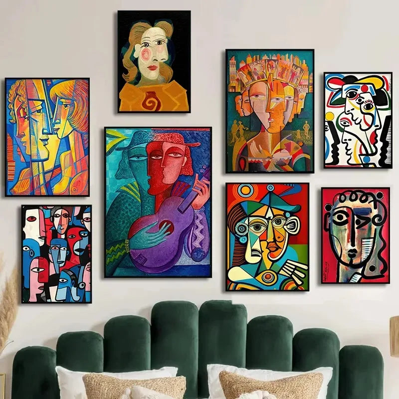 Geometric mosaic human face abstract canvas wall art