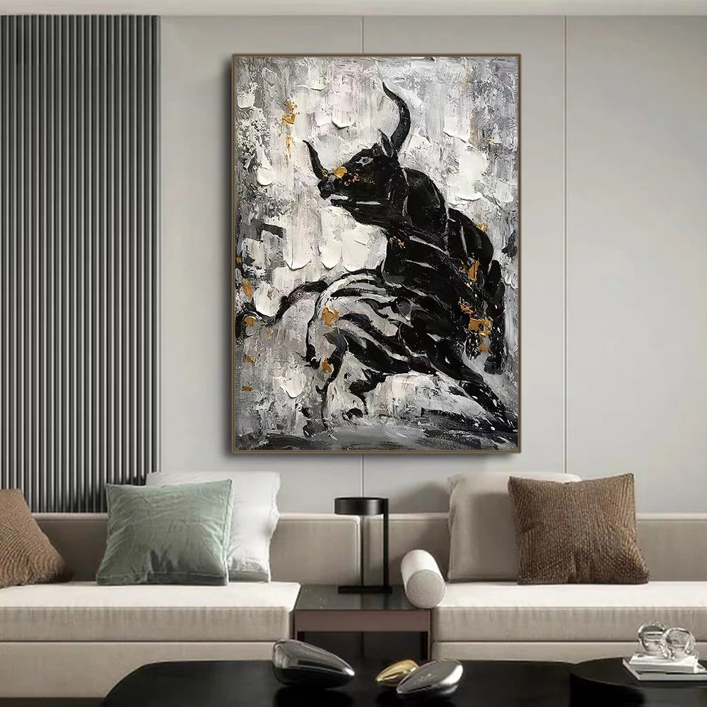 Black and white abstract bull canvas wall art