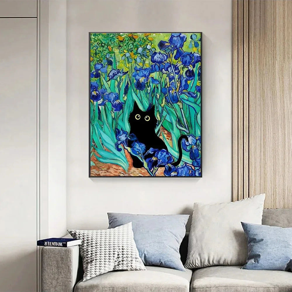 black cat with impressionist water lilies canvas wall art