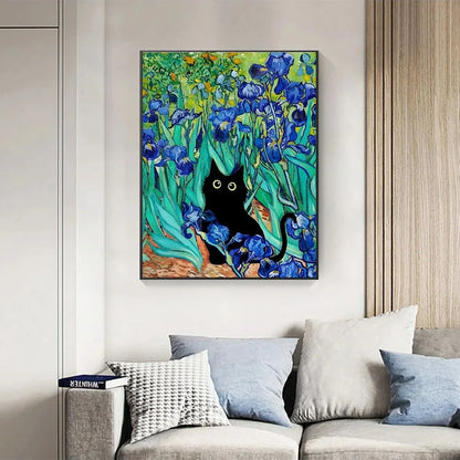 black cat with impressionist water lilies canvas wall art
