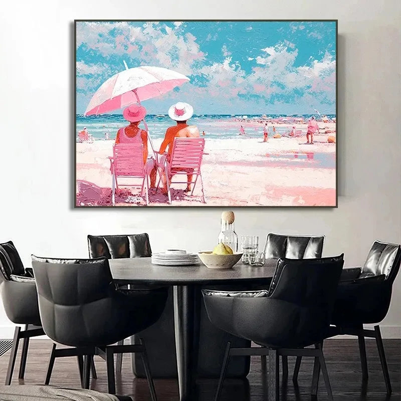 pink horse standing at coastal beach boho canvas print