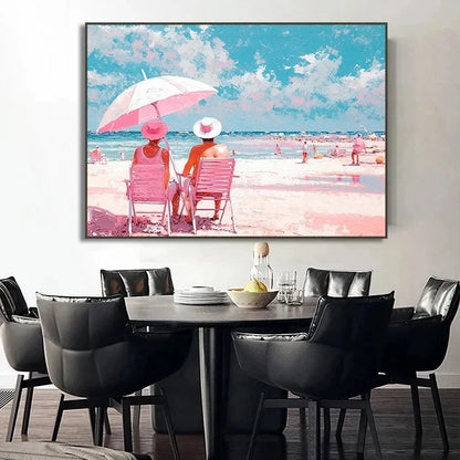 pink horse standing at coastal beach boho canvas print
