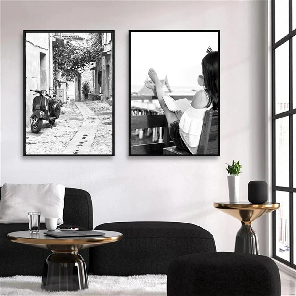 black and white abstract portrait of girl by window canvas
