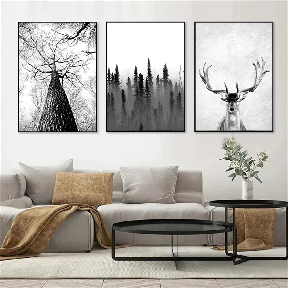 black and white foggy forest canvas with tree branch and deer