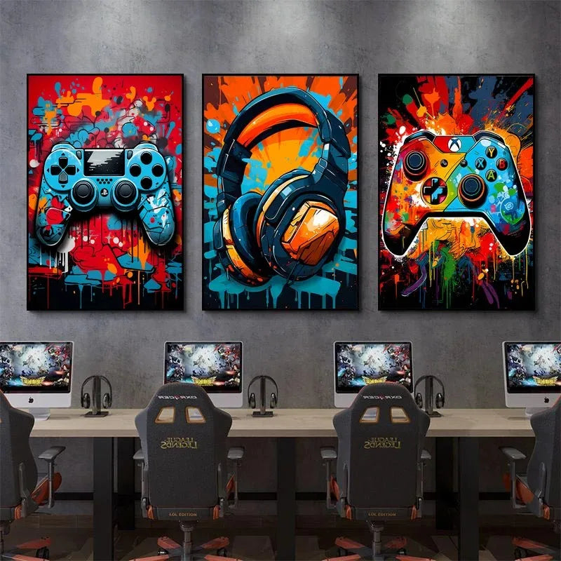 Colorful graffiti gaming controller canvas wall art