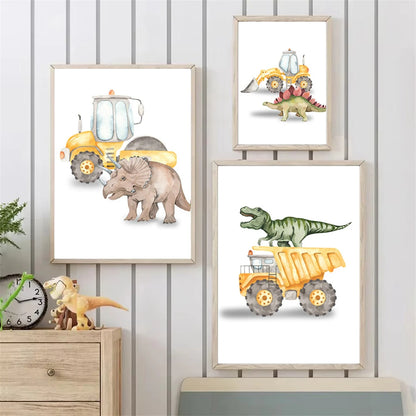 Cartoon dinosaur with trucks, tractor and excavator kids’ canvas