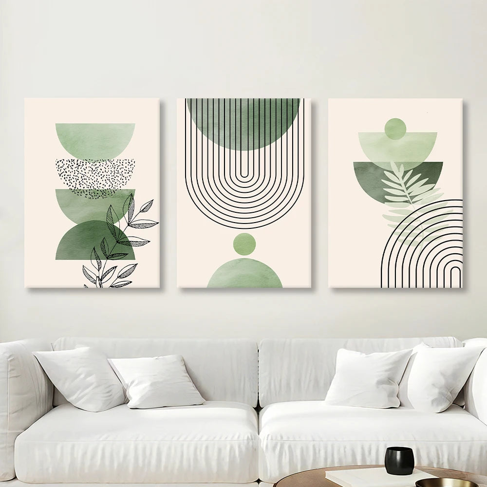 Geometric Green Plants Abstract Canvas - Set Of 3