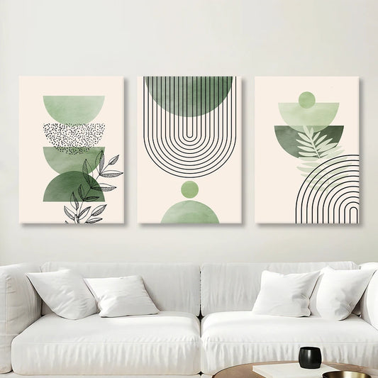 Geometric Green Plants Abstract Canvas - Set Of 3