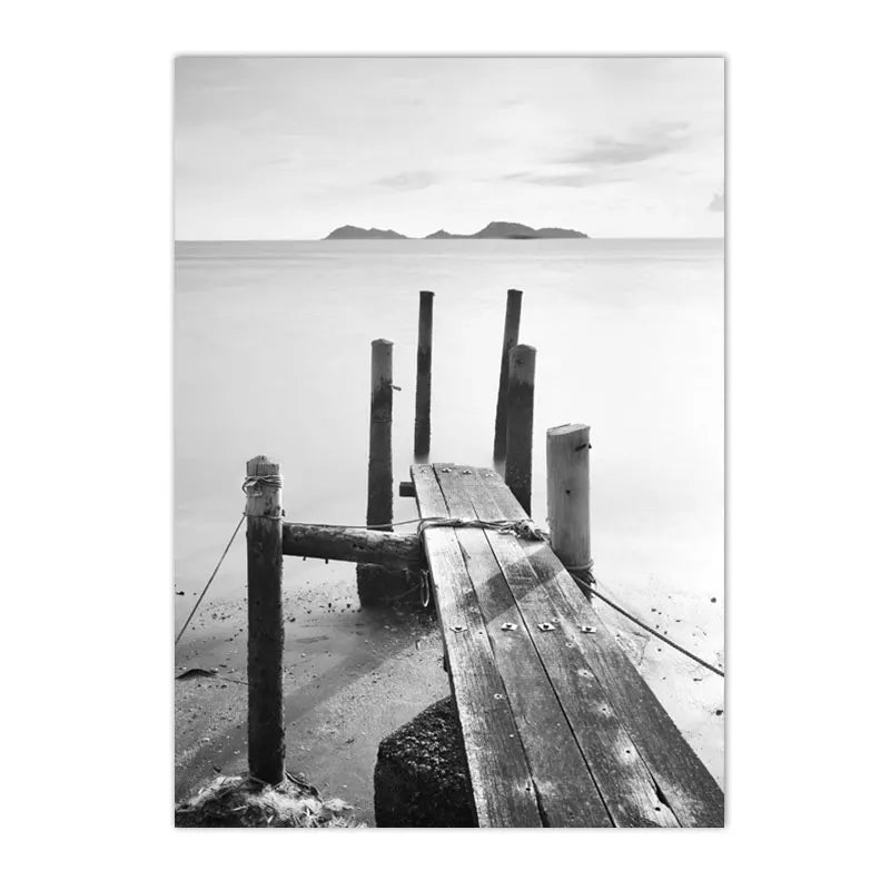 black and white Nordic landscape with mountains, lake, boat, bridge and waterfall