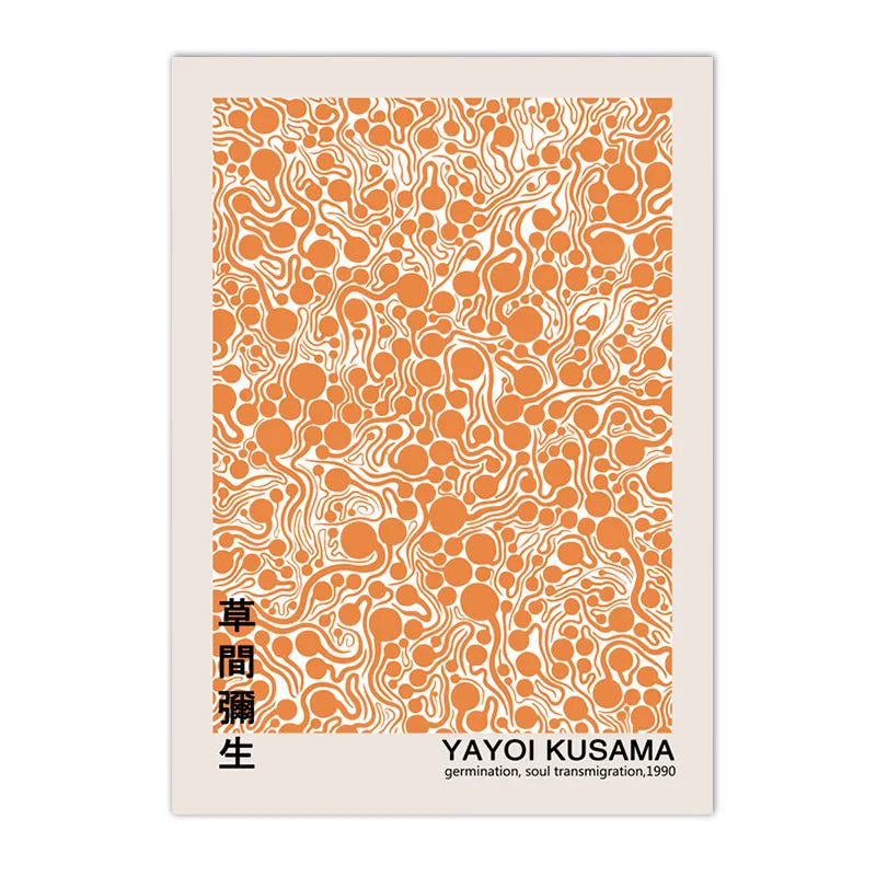 orange abstract canvas with Matisse cutouts and Kusama dots