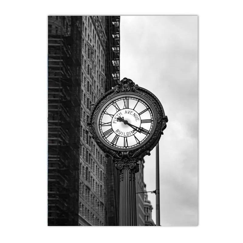 black and white new york themed still life canvas with guitar and camera