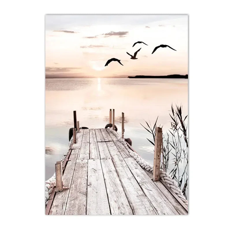 sunset lake with hut bridge and canoe among reeds Nordic canvas wall art
