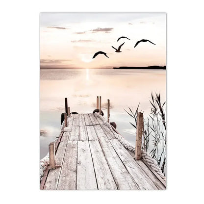 sunset lake with hut bridge and canoe among reeds Nordic canvas wall art