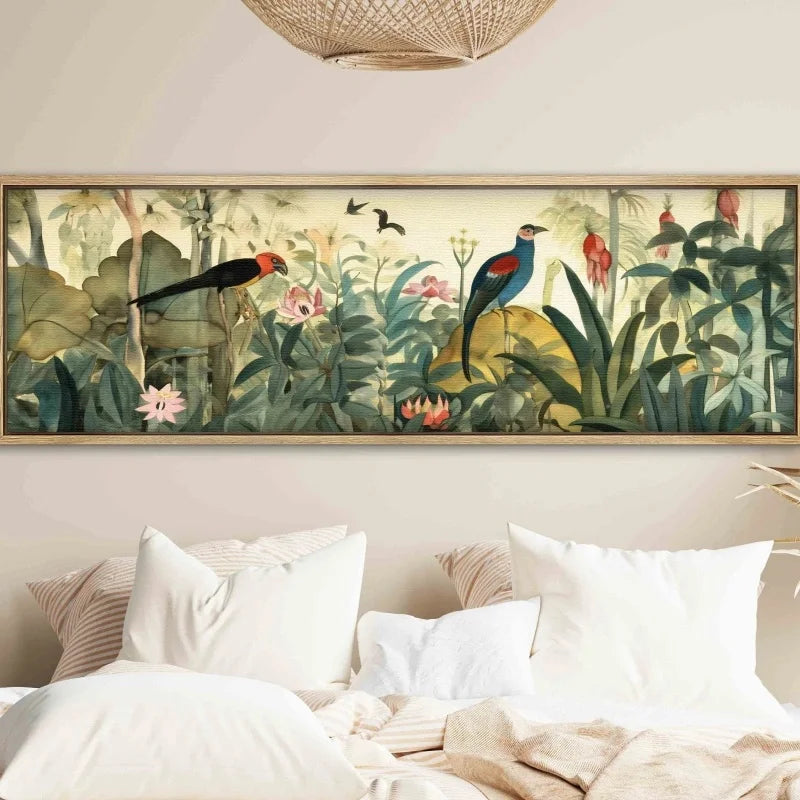 panoramic botanical floral canvas styled above a bed