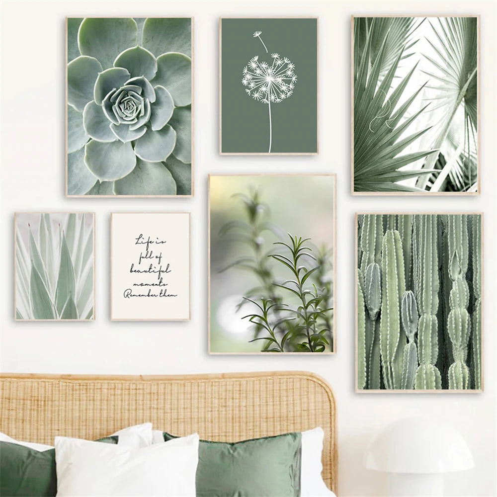 botanical canvas with succulents cactus and green leaves