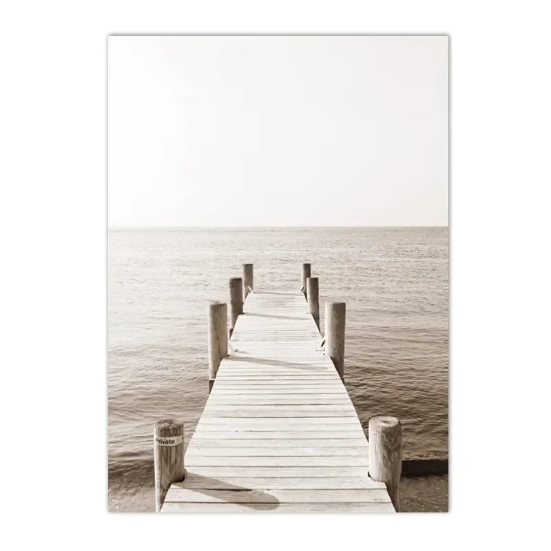 beige coastal canvas with surfboard lighthouse and reed bridge