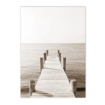 beige coastal canvas with surfboard lighthouse and reed bridge