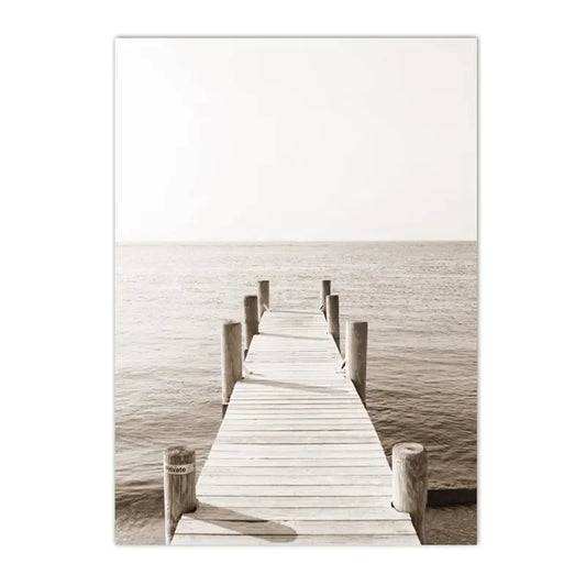 beige coastal canvas with surfboard lighthouse and reed bridge