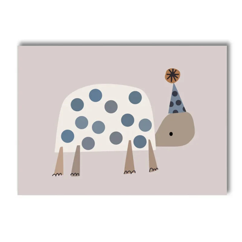 kids boho canvas with turtle bear cat lion and dinosaur under a rainbow