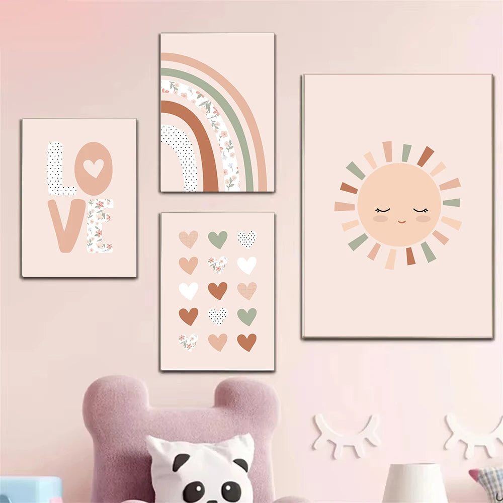 pink rainbow hearts sun and clouds nordic kids canvas