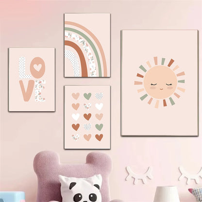 pink rainbow hearts sun and clouds nordic kids canvas