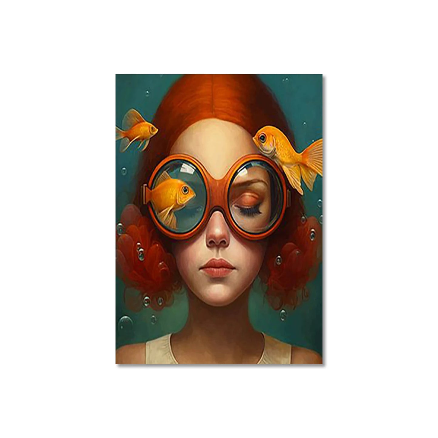 whimsical illustration of a girl wearing glasses standing in water on canvas