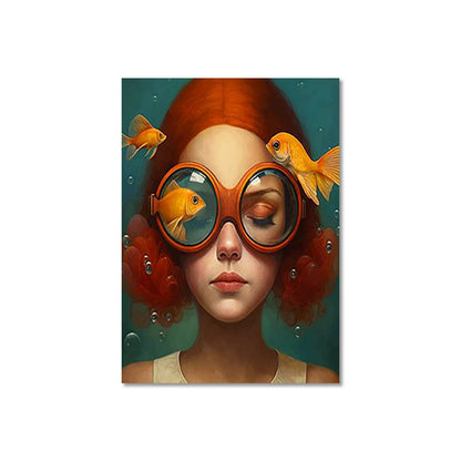 whimsical illustration of a girl wearing glasses standing in water on canvas