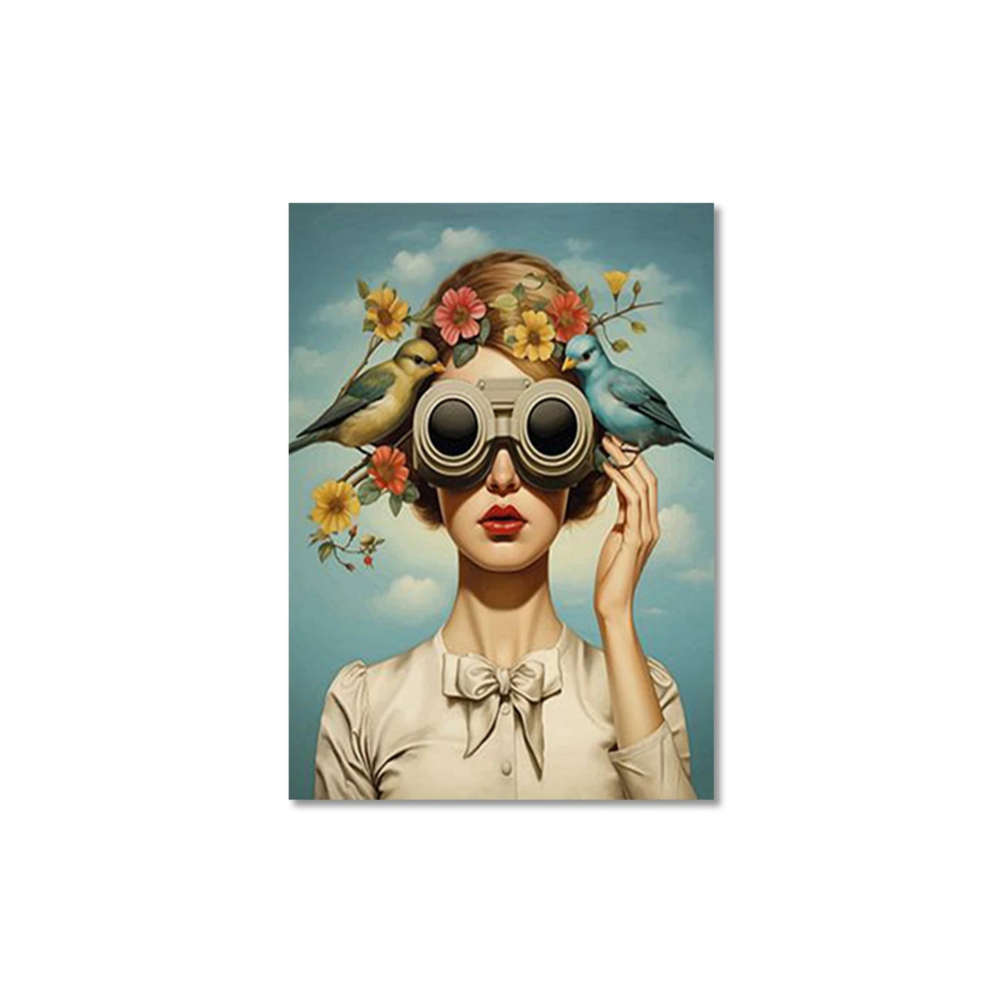 nordic scandinavian portrait woman with glasses flowers and birds canvas