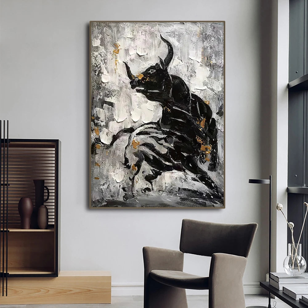 Black and white abstract bull canvas wall art