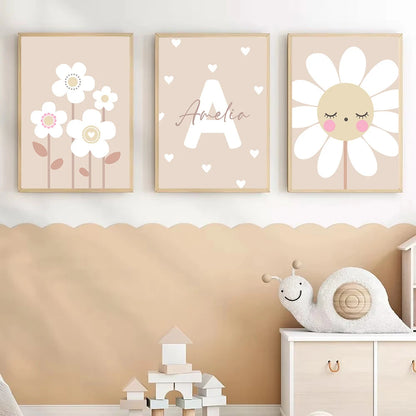 beige cartoon sunflower nursery canvas with custom name