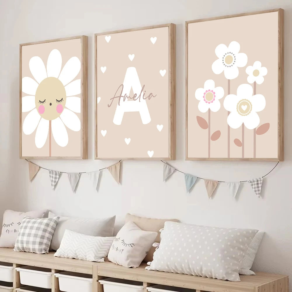 beige cartoon sunflower nursery canvas with custom name