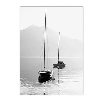 black and white Nordic landscape with mountains, lake, boat, bridge and waterfall