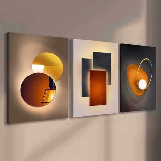three piece orange geometric metal circle minimalist canvas set