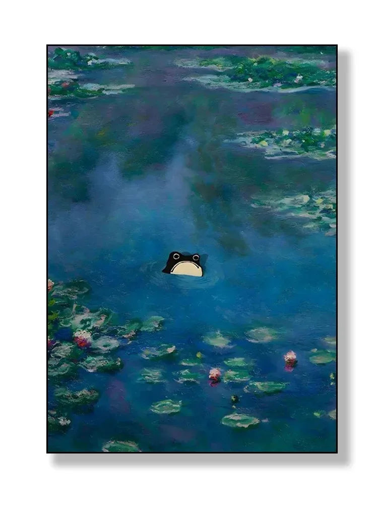 black cat with impressionist water lilies canvas wall art