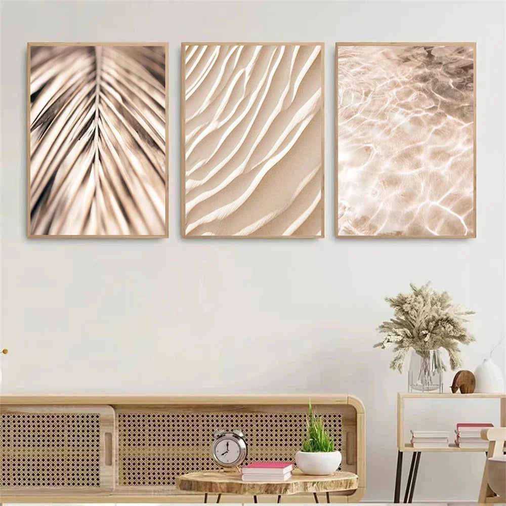 minimalist nordic beige beach scene with palm leaf on canvas