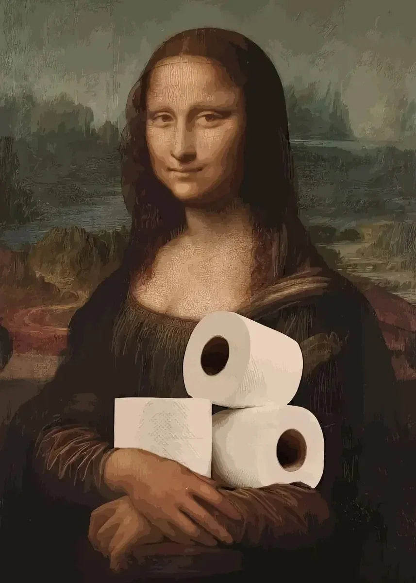 funny bathroom canvas with Mona Lisa and Girl with a Pearl Earring toilet-paper gag