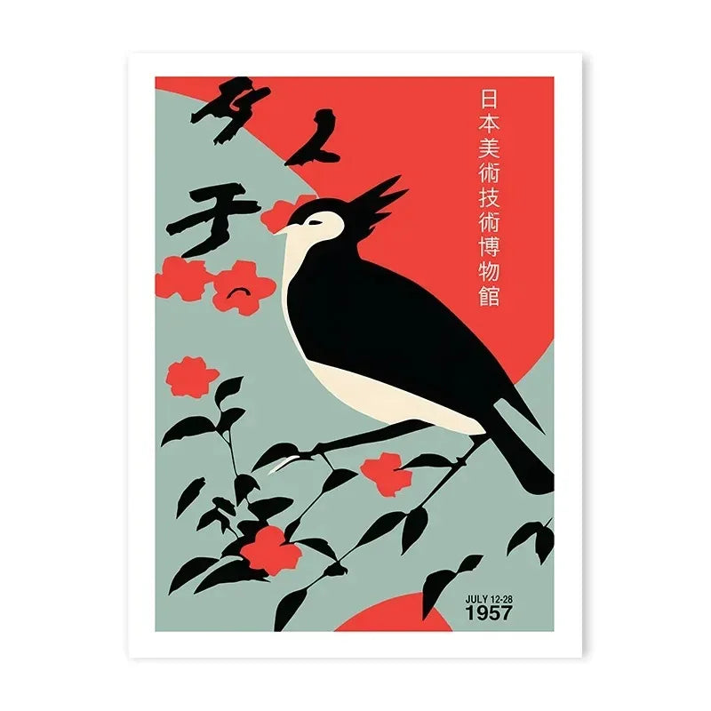 Japanese Black Bird Floral Canvas Print
