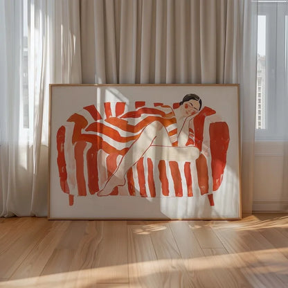 modern line art woman over red and orange striped background canvas