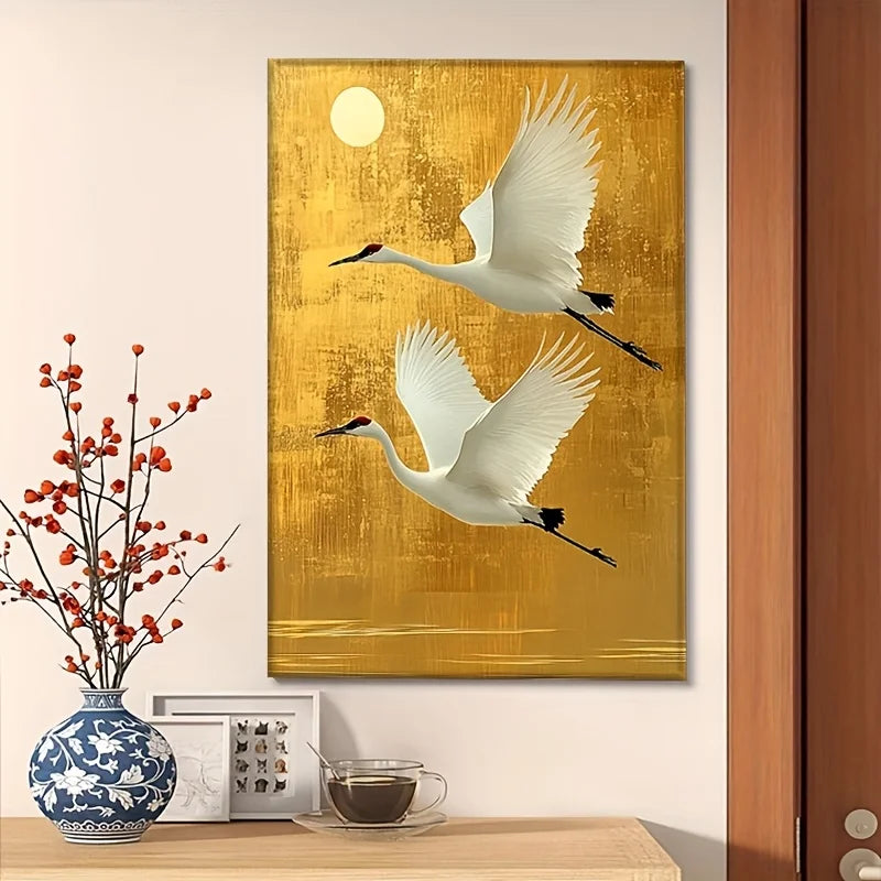elegant white crane on golden background frameless chinese style canvas