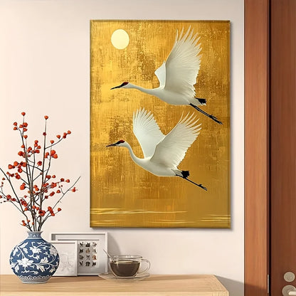 elegant white crane on golden background frameless chinese style canvas