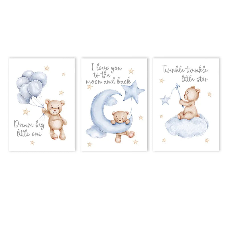 pink cartoon star moon bear nordic nursery canvas