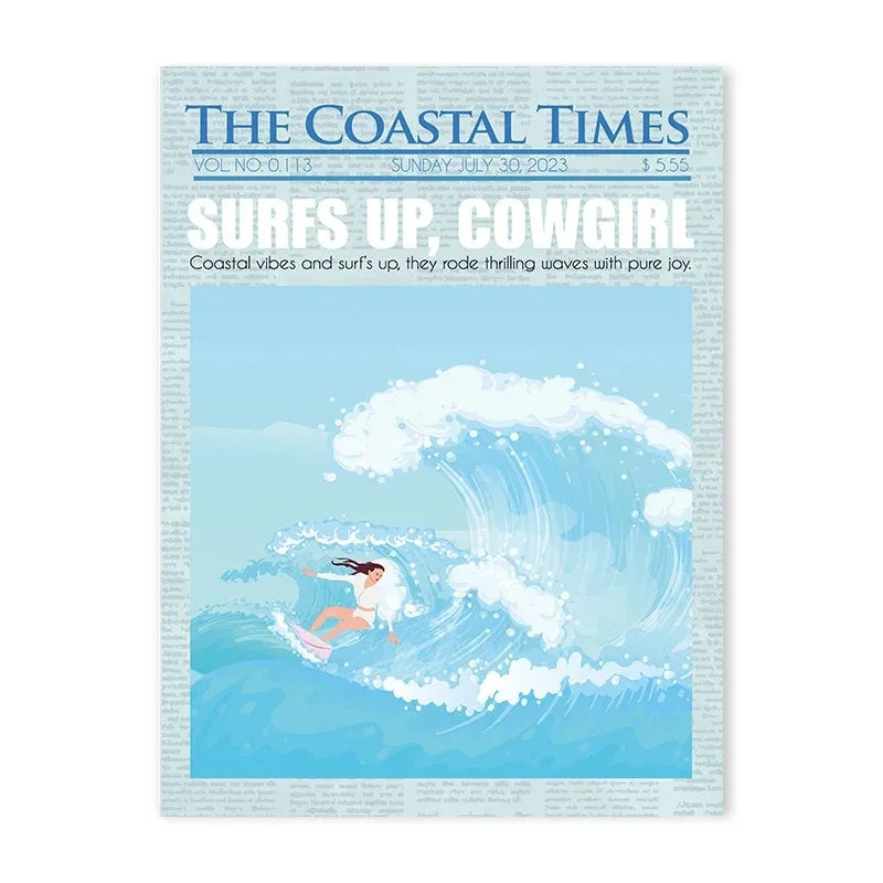 Coastal cowgirl beach aesthetic canvas wall art in light blue