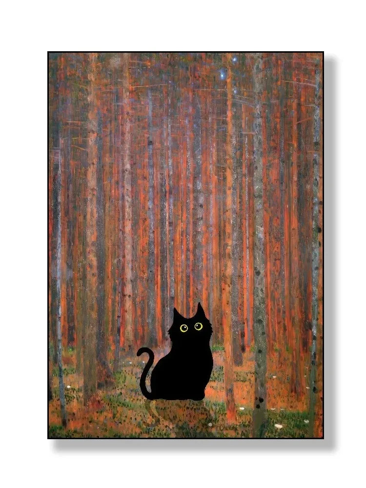 black cat with impressionist water lilies canvas wall art