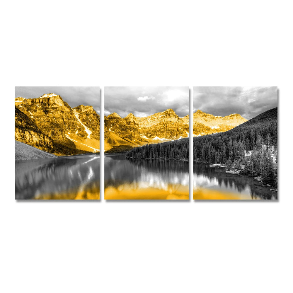 Three-piece golden snow mountain and lake landscape canvas set