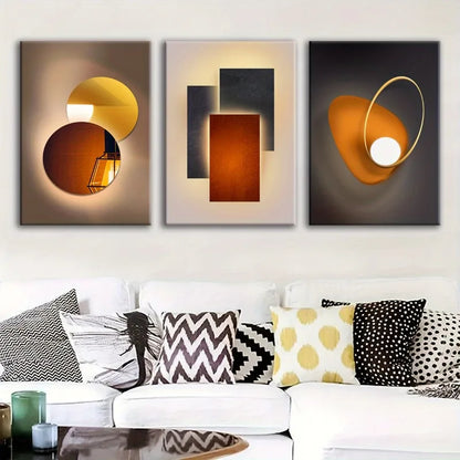 three piece orange geometric metal circle minimalist canvas set