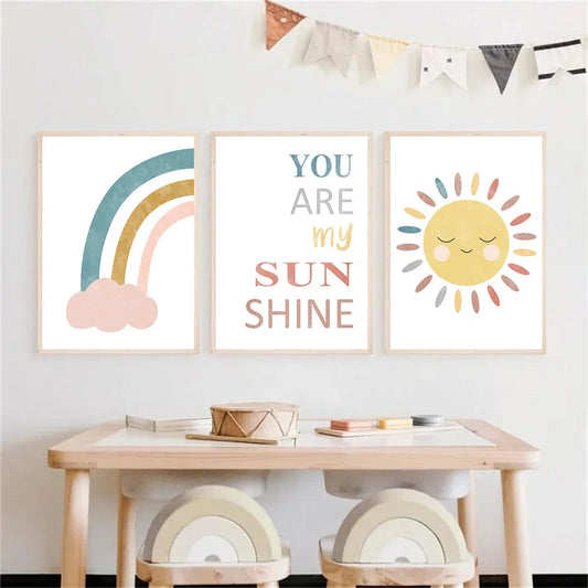 half rainbow and smiling sun “you are my sunshine” kids canvas wall art